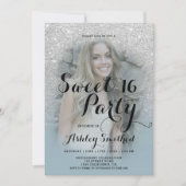 シルバーグリッターほこりグラデーションブルー写真甘い16 招待状 (正面)