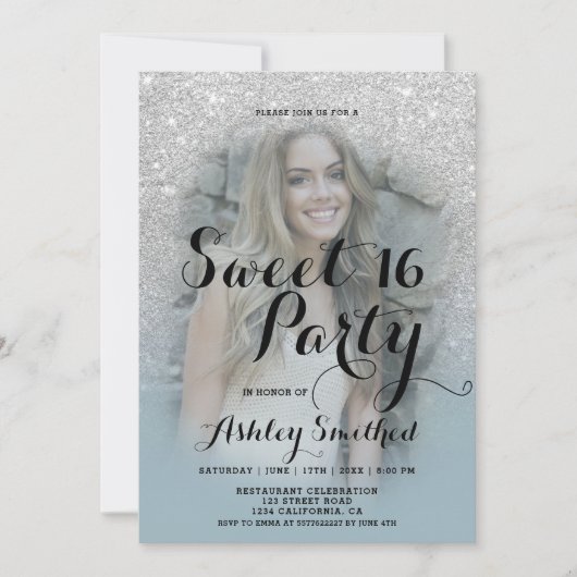 シルバーグリッターほこりグラデーションブルー写真甘い16 招待状 (正面)