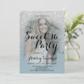 シルバーグリッターほこりグラデーションブルー写真甘い16 招待状 (スタンド正面)
