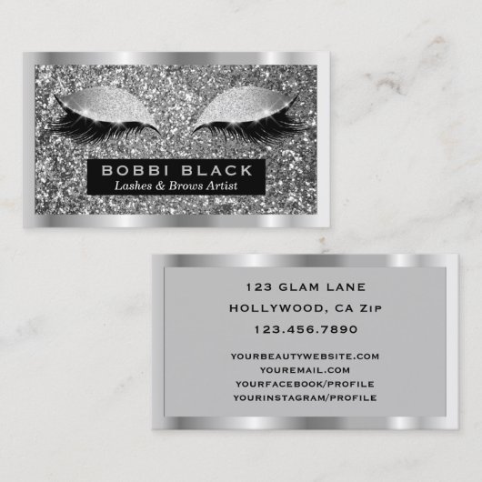 シルバーグリッターまつげエクステンションメイクアップアーティスト 名刺 (正面/裏面)