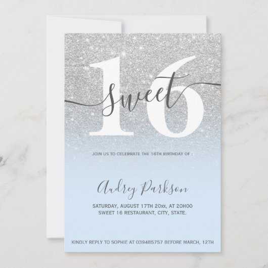 シルバーグリッターアイスグラデーションブルーガーリースウィート16 招待状 (正面)