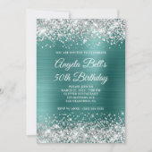 シルバーグリッターアクアティール（緑がかった色）フォイル50誕生日 招待状 (正面)