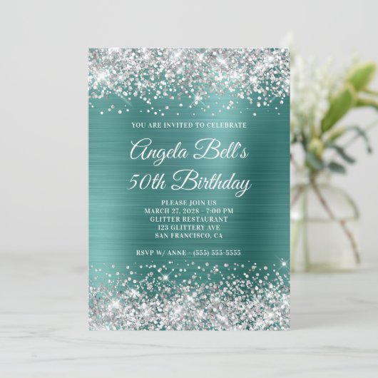 シルバーグリッターアクアティール（緑がかった色）フォイル50誕生日 招待状 (スタンド正面)