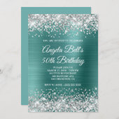 シルバーグリッターアクアティール(緑がかった色)フォイル50誕生日 招待状 (正面/裏面)