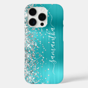 シルバーグリッターアクアブルーメタリックガーリーサイン iPhone 16 PROケース
