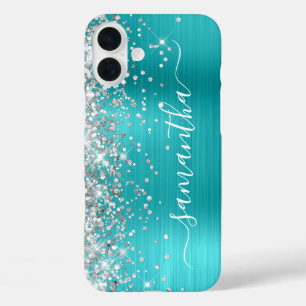 シルバーグリッターアクアブルーメタリックガーリーシグネチャー iPhone 16 PLUSケース