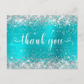 シルバーグリッターアクアブルー スウィート16 ハート ありがとう ポストカード (正面)