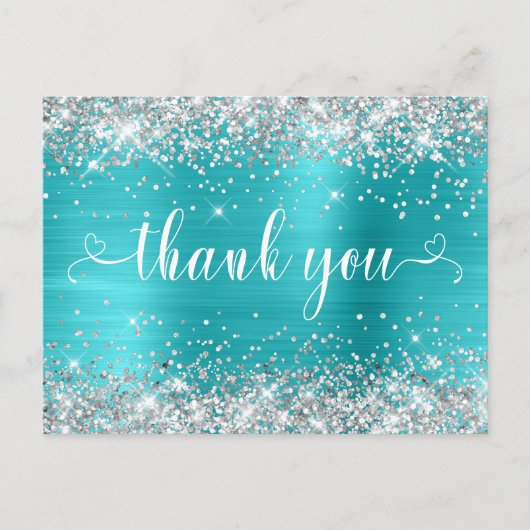 シルバーグリッターアクアブルー スウィート16 ハート ありがとう ポストカード (正面)