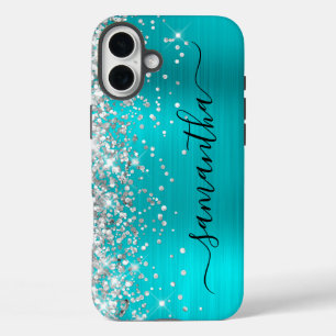 シルバーグリッターアクアメタリックガーリーブラックシグネチャー iPhone 16 PLUSケース