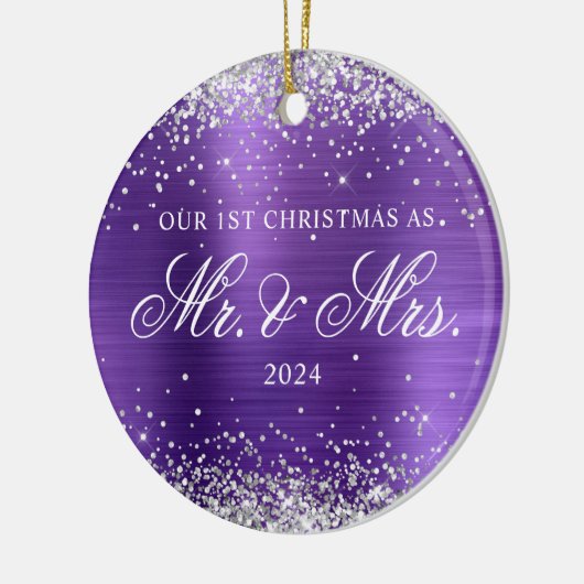 シルバーグリッターアメジストフォイル1stクリスマスフォト セラミックオーナメント (左)