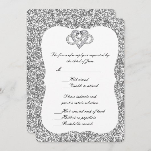 シルバーグリッターインフィニティハート応答カード 招待状 (正面/裏面)
