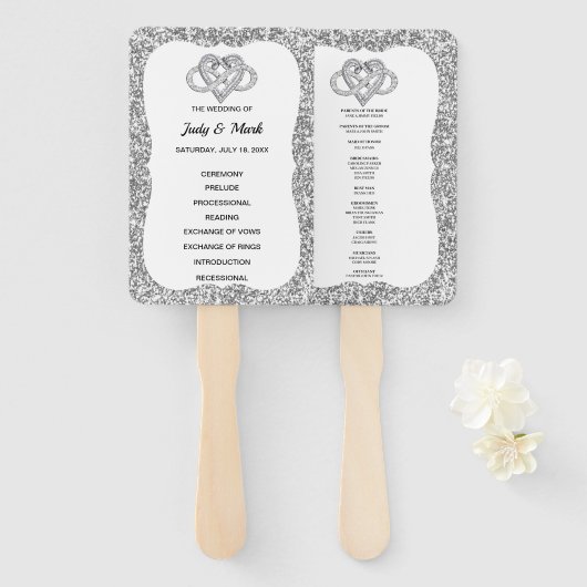 シルバーグリッターインフィニティハート結婚式 プログラムファン ハンドファン (正面&裏面)