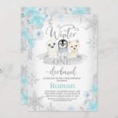 シルバーグリッターウィンターアニマルズオンダーランド誕生日 招待状 (正面/裏面)