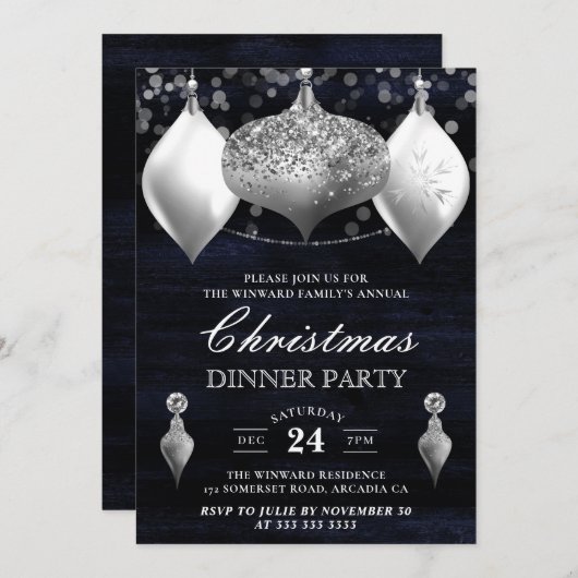 シルバーグリッターウィンターボードクリスマスディナー 招待状 (正面/裏面)