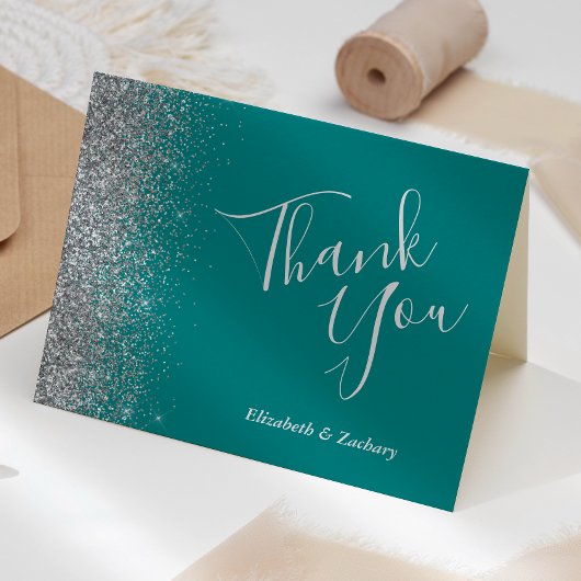 シルバーグリッターエッジティール（緑がかった色）ブルーズ結婚サンキューユナイテッド カード