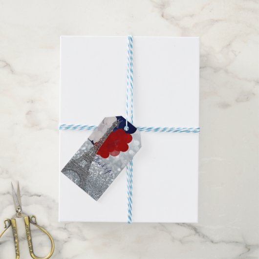 シルバーグリッターエッフェルタワー赤白青パーティー ギフトタグ (より糸付き)