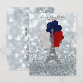 シルバーグリッターエッフェル塔 赤 青 Save the Date 案内ポストカード (正面/裏面)
