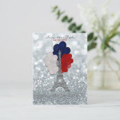 シルバーグリッターエッフェル塔 赤 青 Save the Date 案内ポストカード (スタンド正面)