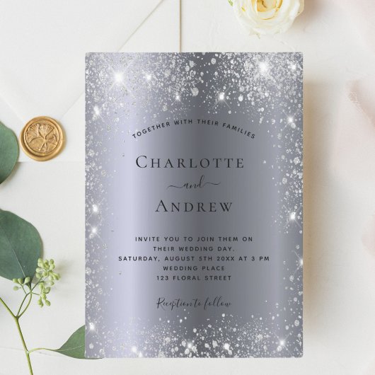 シルバーグリッターエレガントな結婚式 招待状