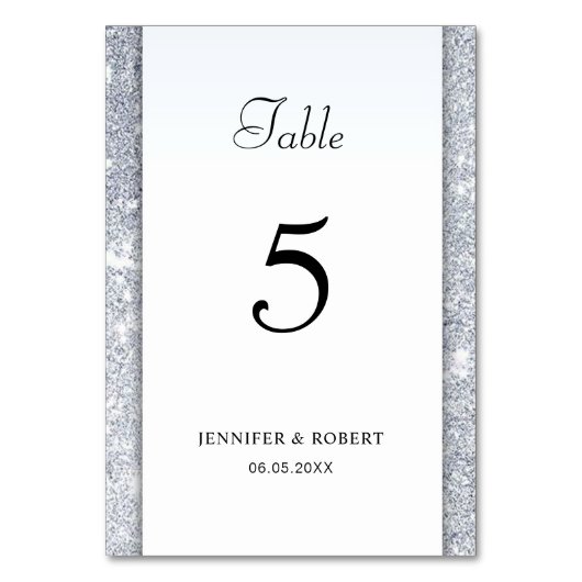シルバーグリッターエレガントハンドスクリプトモダンテンプレート テーブルナンバー (正面)