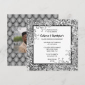 シルバーグリッターエレガントフラワースワール フォト シック 招待状 (正面/裏面)
