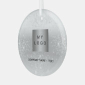 シルバーグリッターエレガント会社のロゴ ガラスオーナメント (正面左)