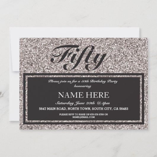 シルバーグリッターエレガント誕生日エイジ招待状 招待状 (正面)