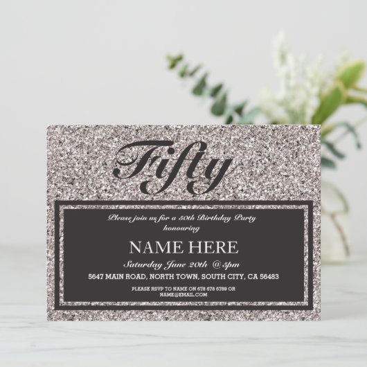 シルバーグリッターエレガント誕生日エイジ招待状 招待状 (スタンド正面)
