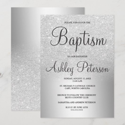 シルバーグリッターオンブルメタリックフォイル洗礼 招待状 (正面/裏面)