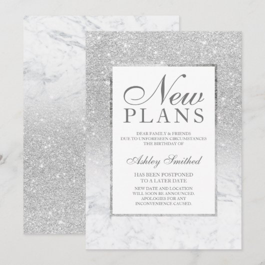 シルバーグリッターオンブレ大理石延期新計画 招待状 (正面/裏面)