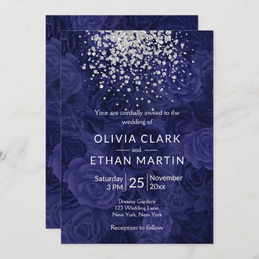 シルバーグリッターオン王室のブルーバラ 招待状 (正面/裏面)