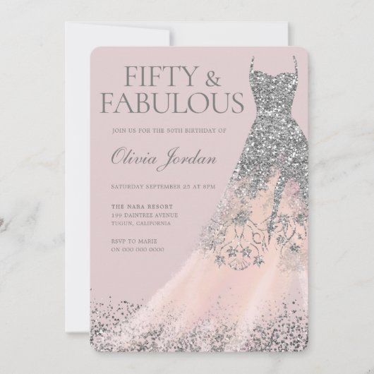 シルバーグリッターガウン&赤面50thバースデーパーティー 招待状 (正面)
