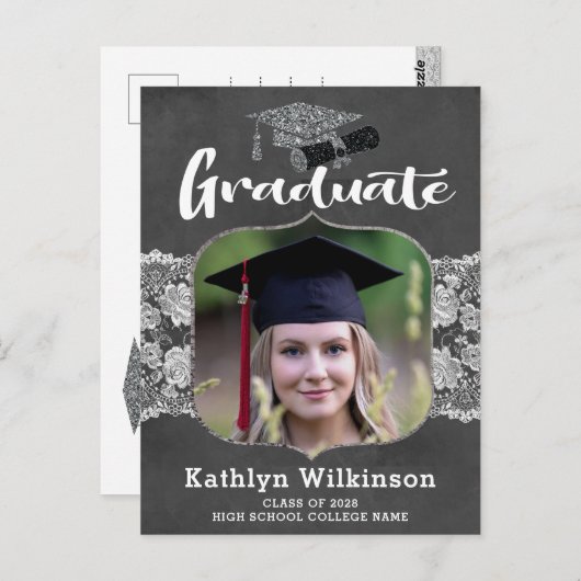 シルバーグリッターキャップ写真卒業発表 ポストカード (正面/裏面)