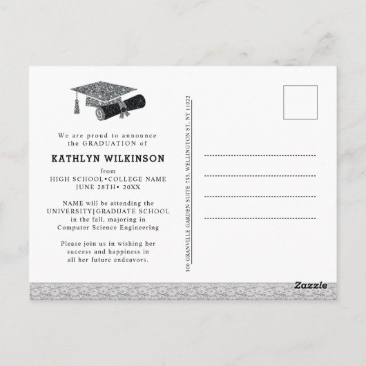 シルバーグリッターキャップ写真卒業発表 ポストカード (裏面)