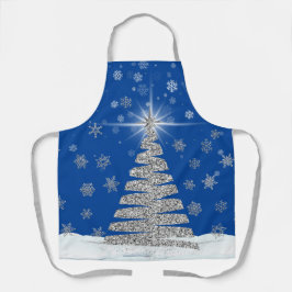 シルバーグリッタークリスマスツリーオンブルー エプロン