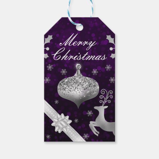 シルバーグリッタークリスマスバウブルとリボン ギフトタグ (正面)