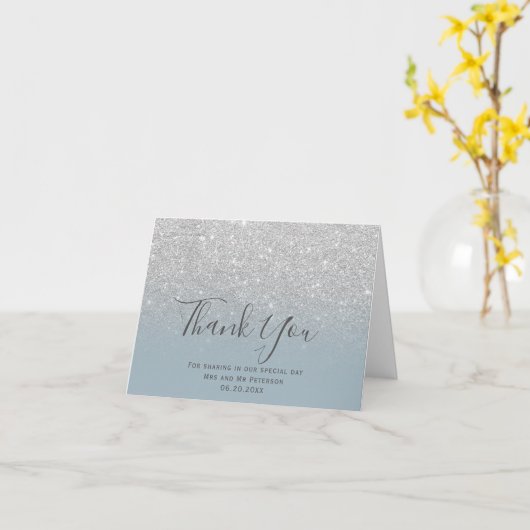 シルバーグリッターグラデーションほこりっぽいブルーサンキューカード カード (黄色い花)