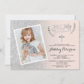 シルバーグリッターグラデーションピンクの最初の聖体写真 招待状 (正面)