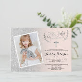 シルバーグリッターグラデーションピンクの最初の聖体写真 招待状 (スタンド正面)