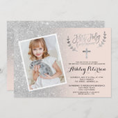 シルバーグリッターグラデーションピンクの最初の聖体写真 招待状 (正面/裏面)