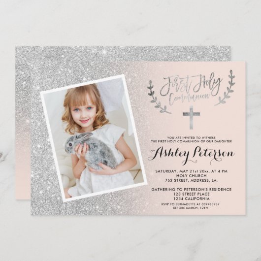 シルバーグリッターグラデーションピンクの最初の聖体写真 招待状 (正面/裏面)