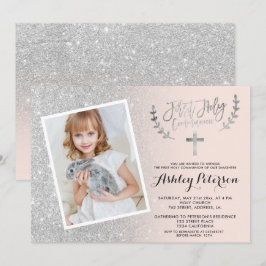 シルバーグリッターグラデーションピンクの最初の聖体写真 招待状