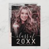 シルバーグリッターグラデーションピンク5枚の写真の卒業 招待状 (正面/裏面)