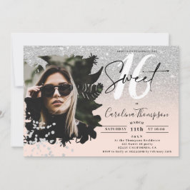 シルバーグリッターグラデーションフローラピンク写真スイート16 招待状
