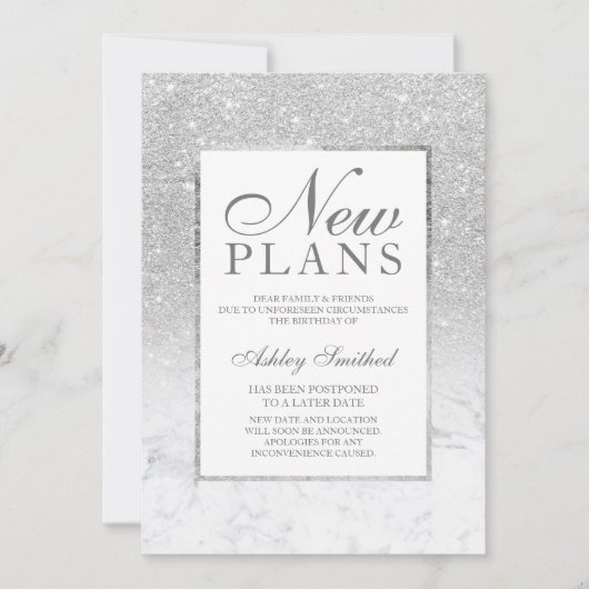シルバーグリッターグラデーション大理石の新計画延期 招待状 (正面)