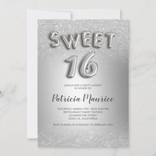 シルバーグリッターグラデーション文字グレーのフォイル甘い16 招待状 (正面)
