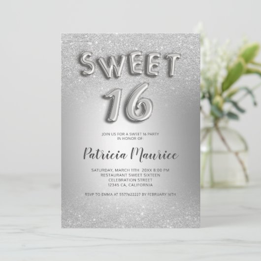 シルバーグリッターグラデーション文字グレーのフォイル甘い16 招待状 (スタンド正面)