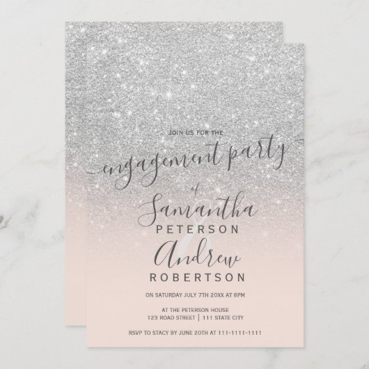 シルバーグリッターグラデーション赤面ピンクスクリプト婚約 招待状 (正面/裏面)