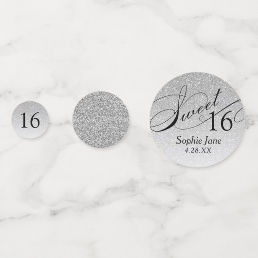 シルバーグリッターグラムパーソナライズされたスウィート16紙吹雪 コンフェッティ (裏面)