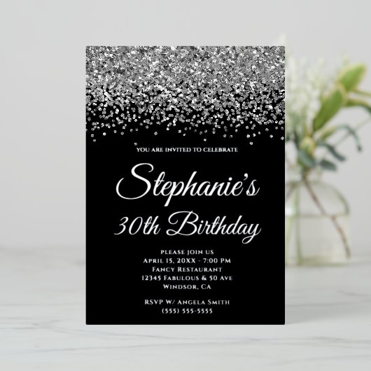 シルバーグリッターグラムブラック30歳の誕生日 箔招待状 (立ち正面)